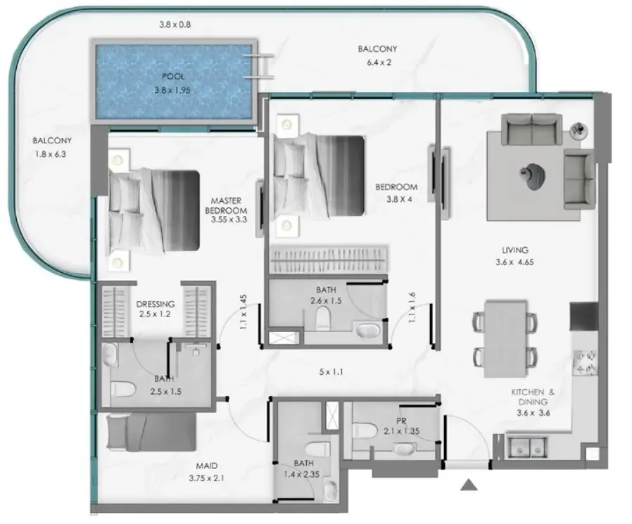 2 bedroom Apartments floor plan at Samana Ocean Bay