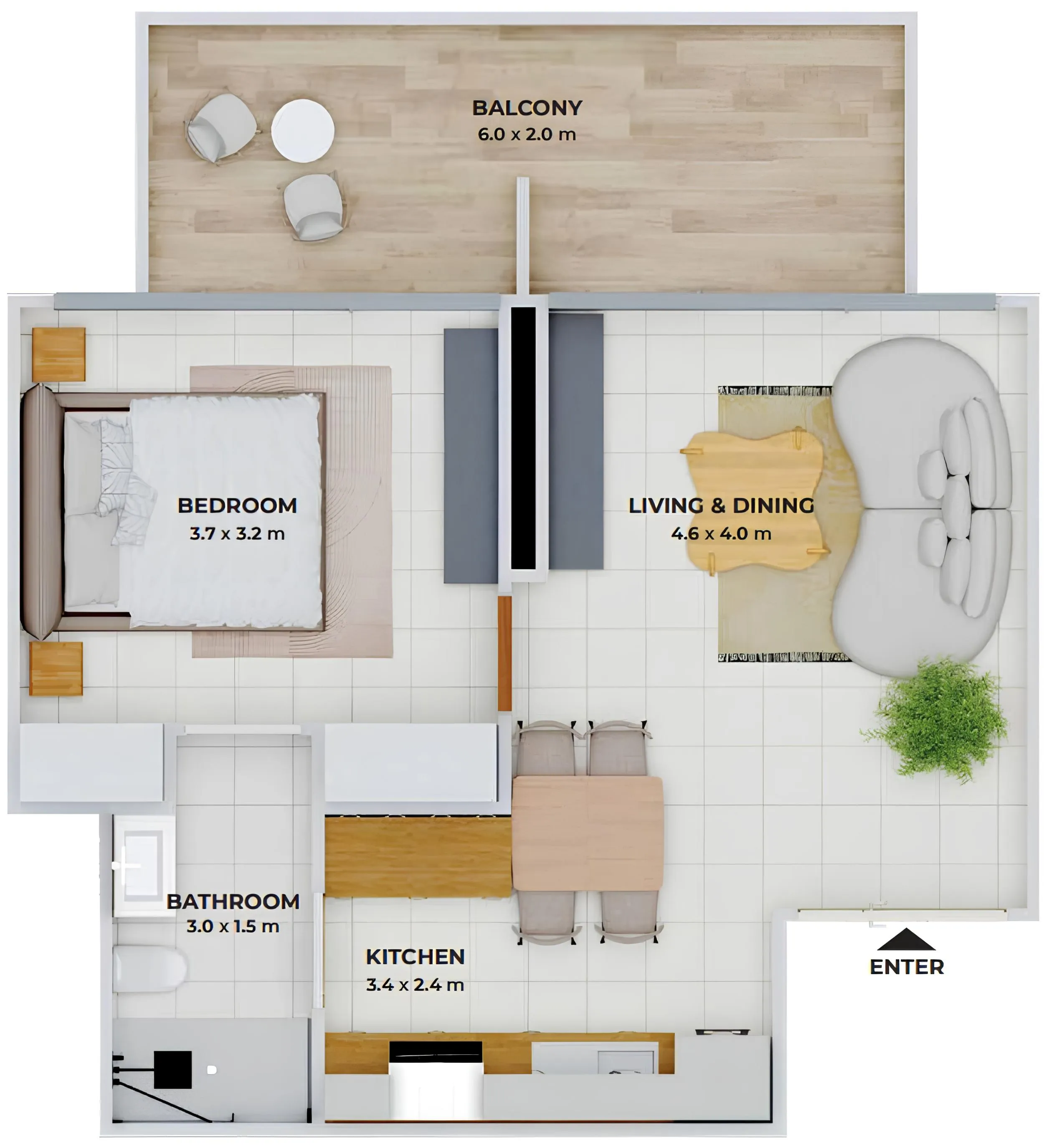 1 bedroom Apartments floor plan at Treppan Tower