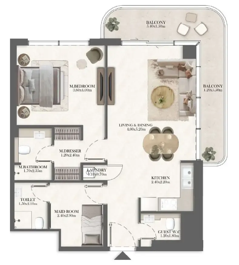 1 bedroom Apartments floor plan at Rotana Residences South Tower