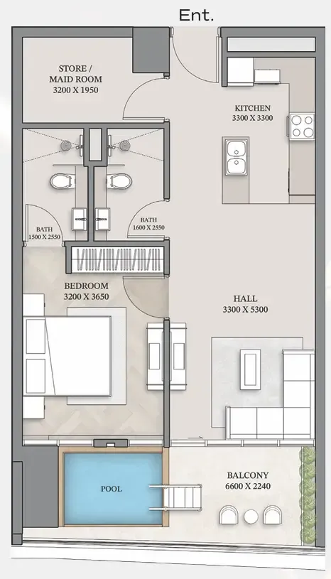 1.5 bedroom Apartments floor plan at Empire Gardens
