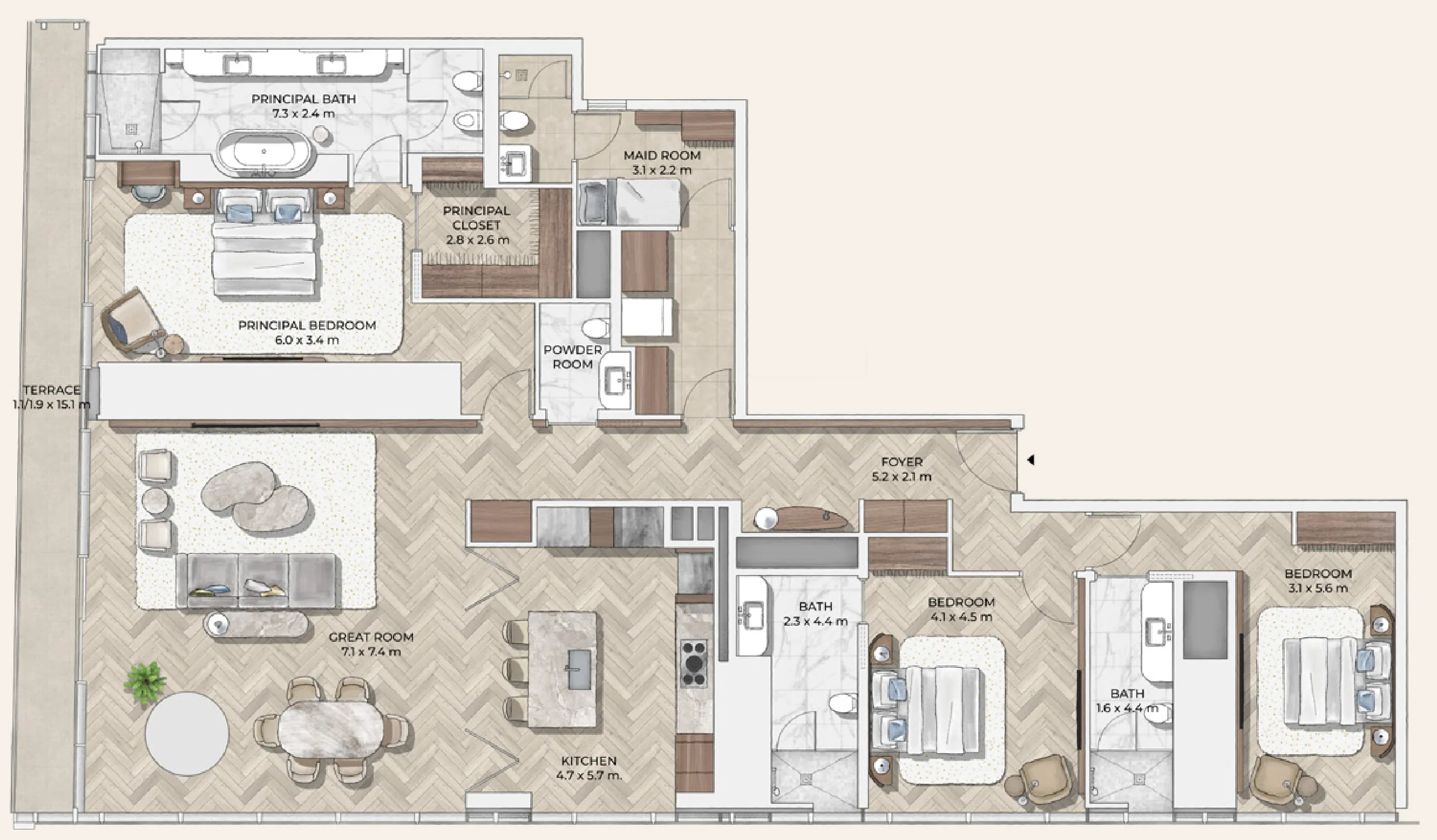 3.5 bedroom Apartments floor plan at Mr. C Residences Downtown
