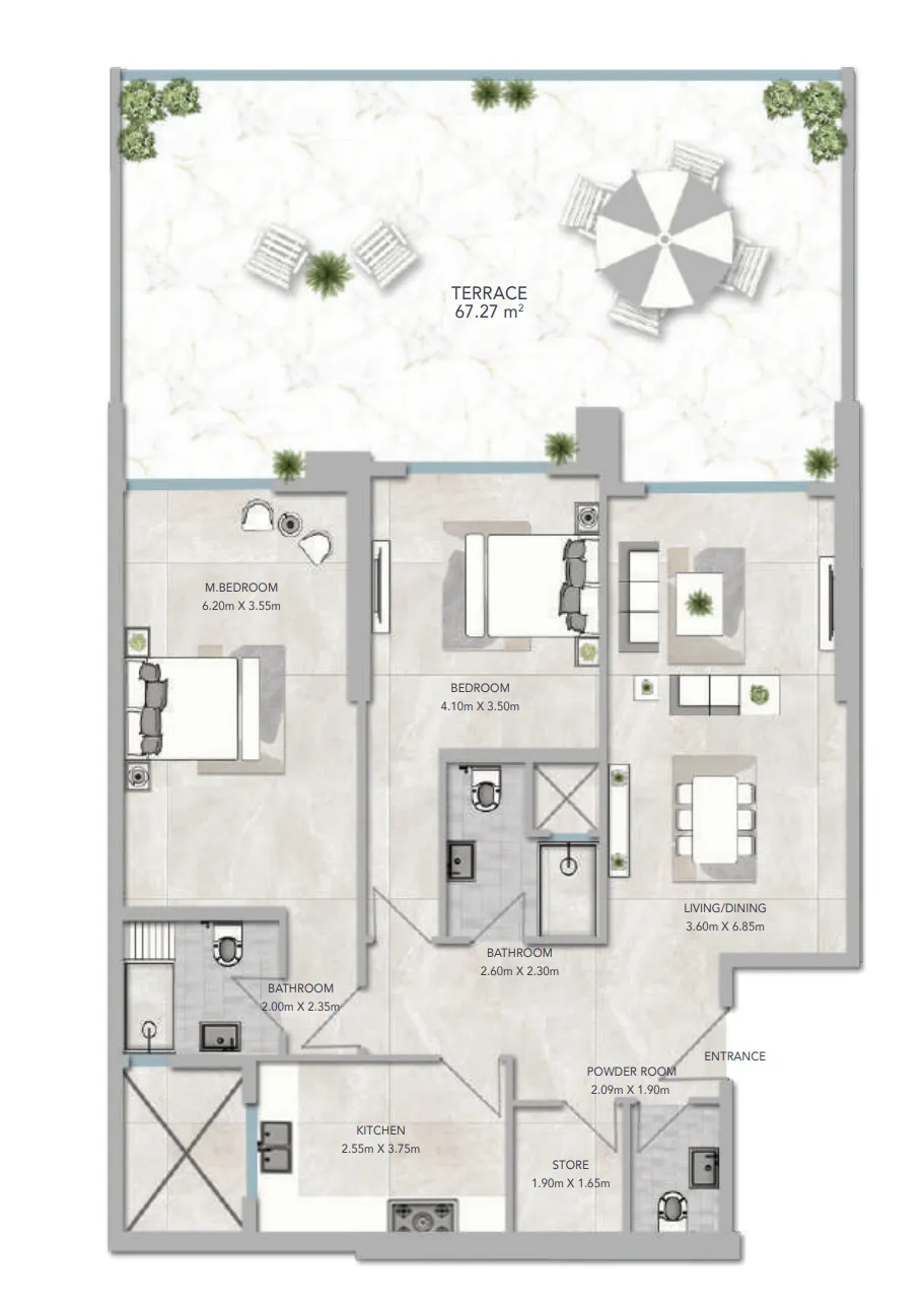 2 bedroom apartments floor plan at Al Aamra 3 Tower