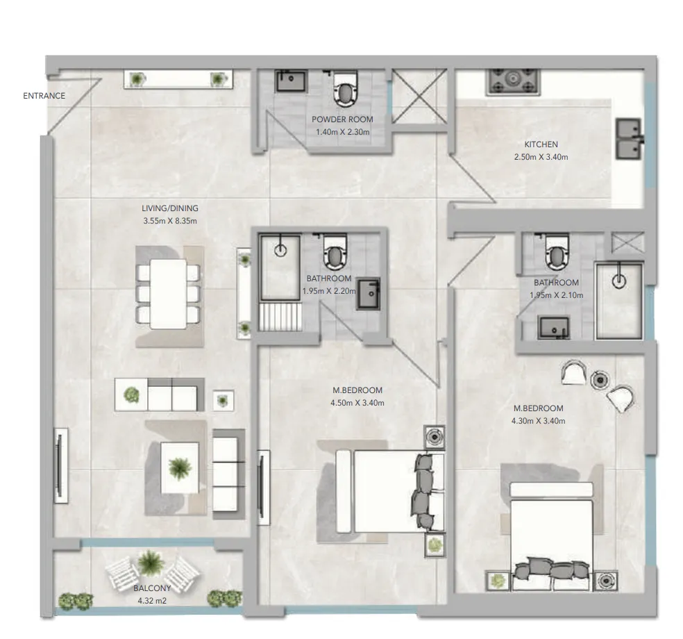 2 bedroom apartments floor plan at Al Aamra 3 Tower