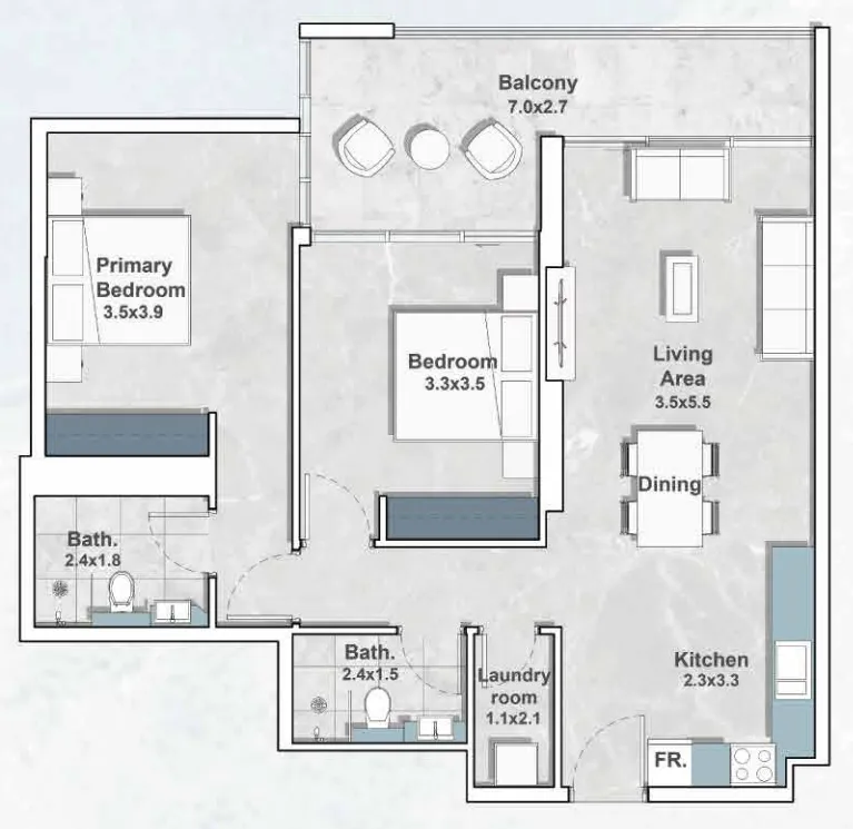 2 bedroom Apartments floor plan at Iraz Creek Views