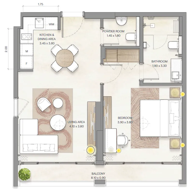 1 bedroom Apartments floor plan at Bloom Arjaan by Rotana