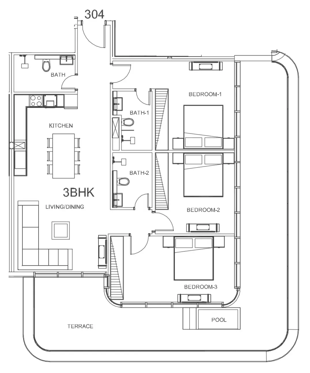 3 bedroom Apartments floor plan at Villa Del Arte