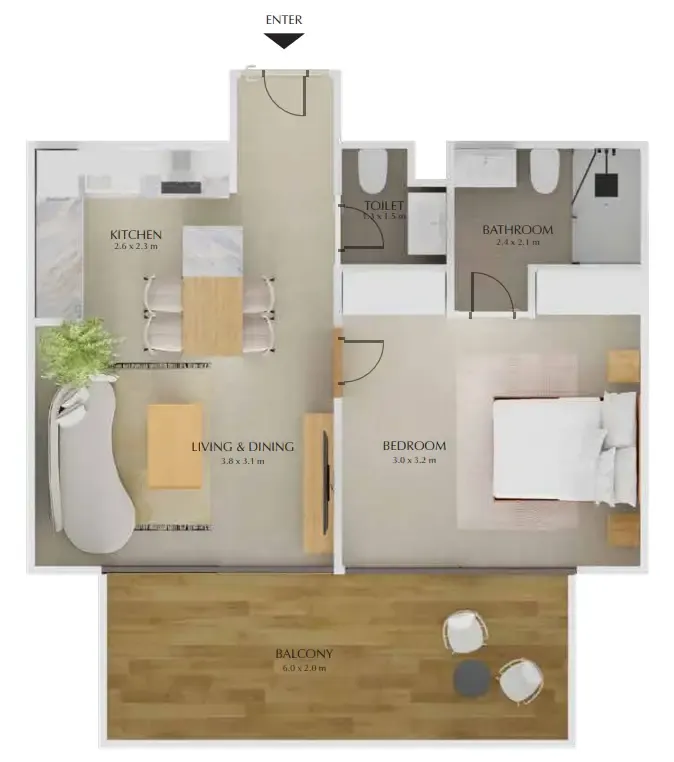 1 bedroom Apartments floor plan at Treppan Tower