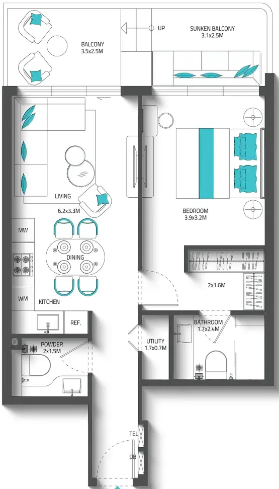 1 bedroom Apartments floor plan at Reef 996