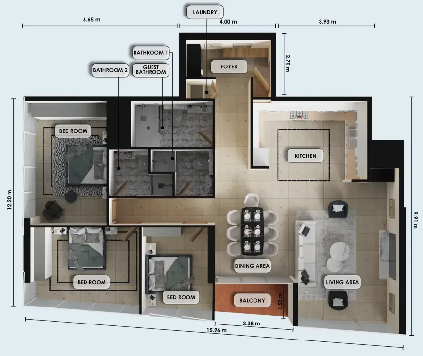 3 bedroom Apartments floor plan at Zenith J1