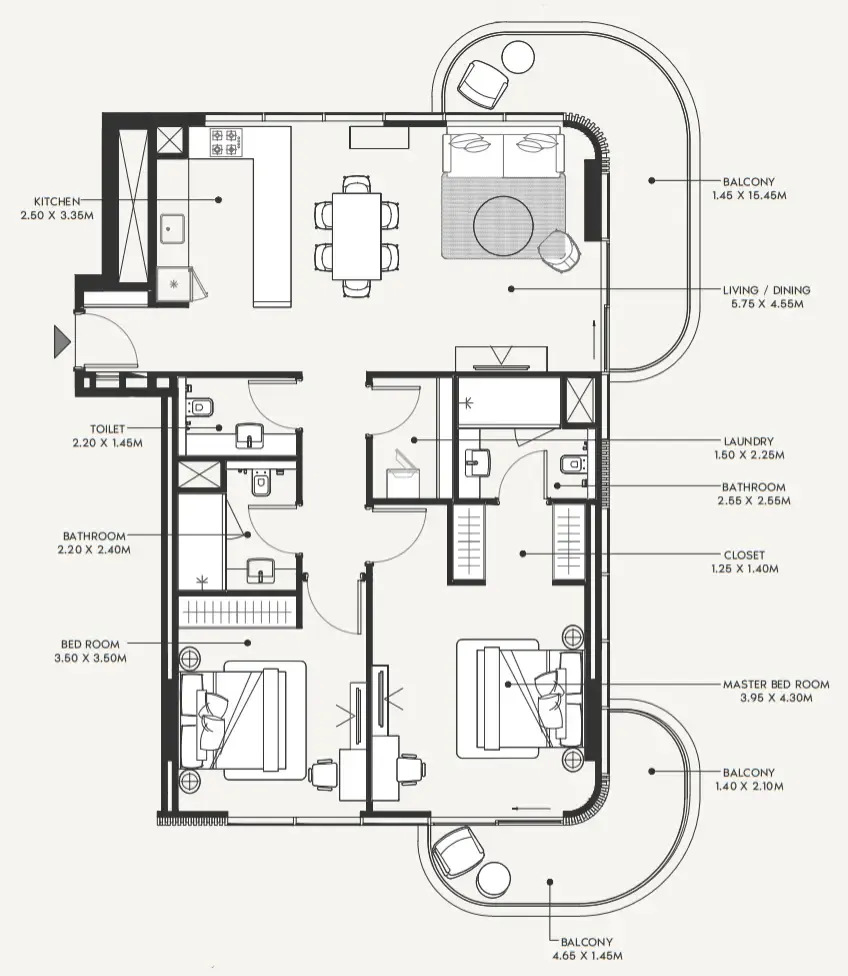 2 bedroom Apartments floor plan at Azizi Amir