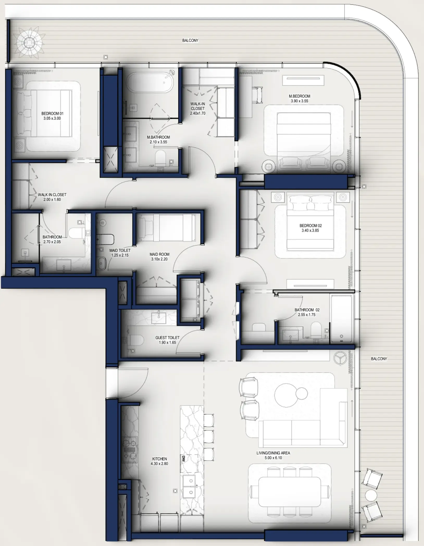 3 bedroom Apartments floor plan at Hilton Residences