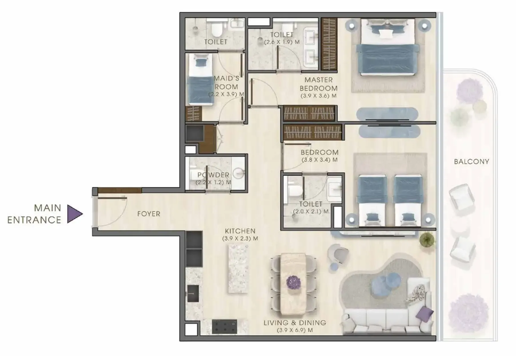 2 bedroom Apartments floor plan at Kaia Residences