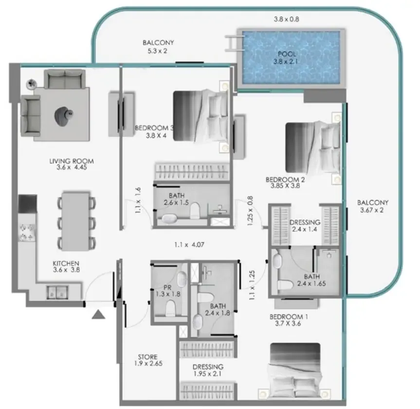 3 bedroom Apartments floor plan at Samana Ocean Bay