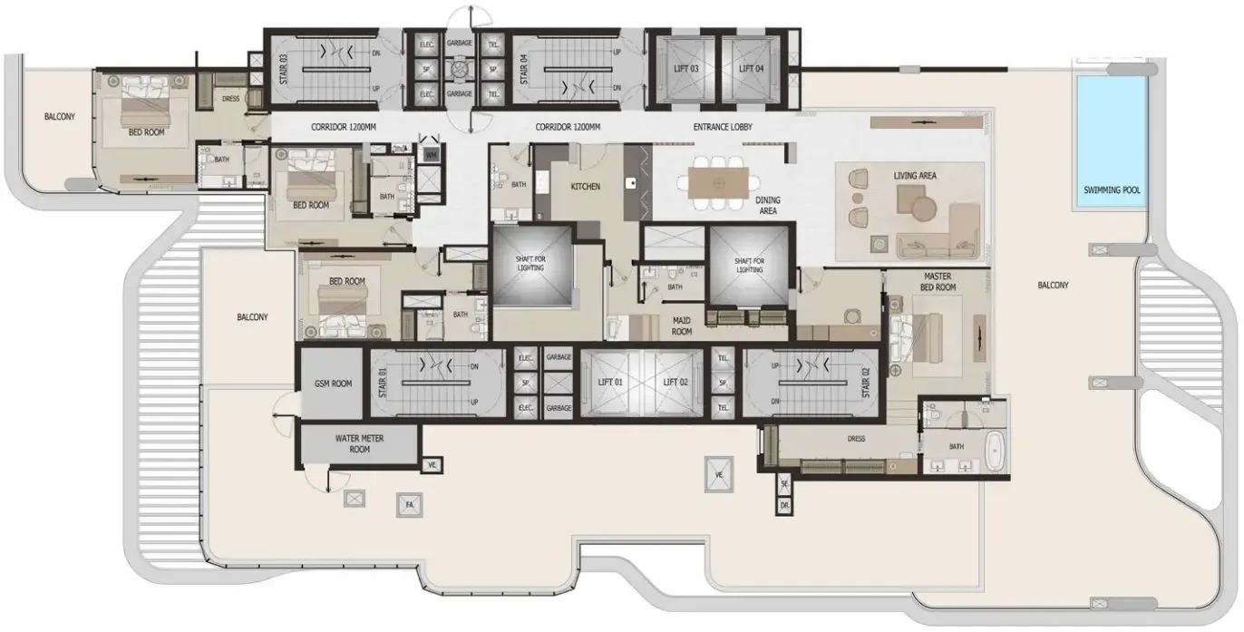 4 bedroom Penthouse floor plan at Vitalia Palm Jumeirah Residences