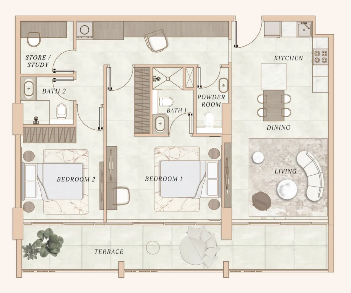 2 bedroom Apartments floor plan at La Cle by MAAIA