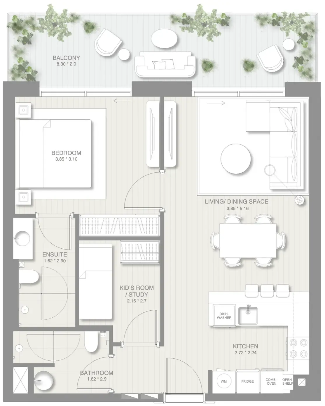 1.5 bedroom Apartments floor plan at Sol Levante