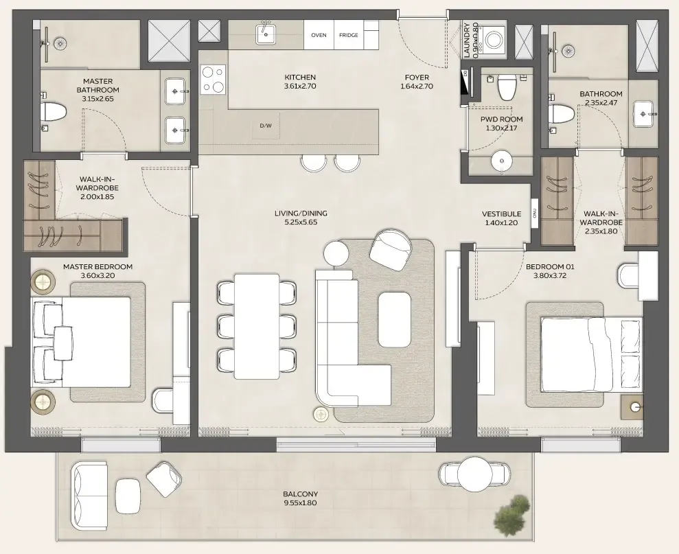 2 bedroom Apartments floor plan at Expo Valley Views - Ghadeer