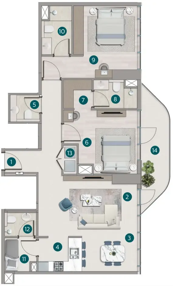 2 bedroom Apartments floor plan at Flora Shore Beachside Residences