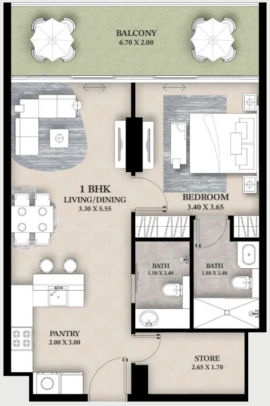 1.5 bedroom Apartments floor plan at Ventana Residences
