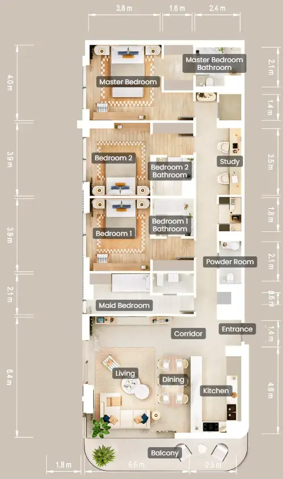 3.5 bedroom Apartments floor plan at The Beach House Fahid