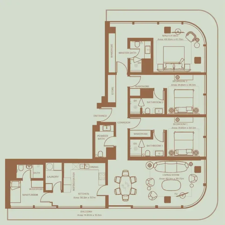 3 bedroom Apartments floor plan at Eden House The Park