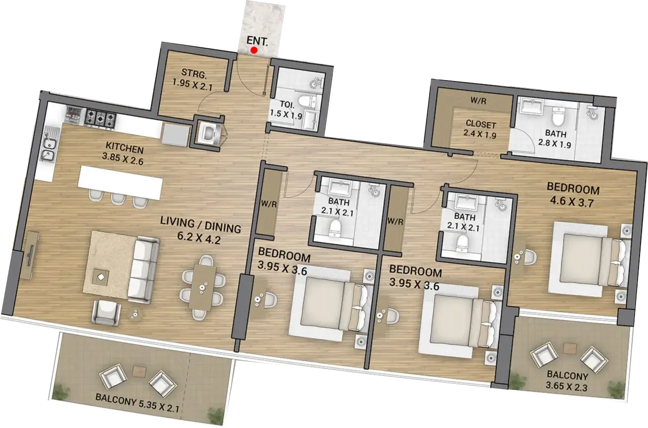 3 bedroom Apartments floor plan at Ocean Tower