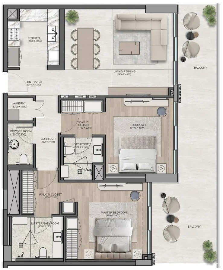 2 bedroom Apartments floor plan at Flora Isle Beachfront Residences