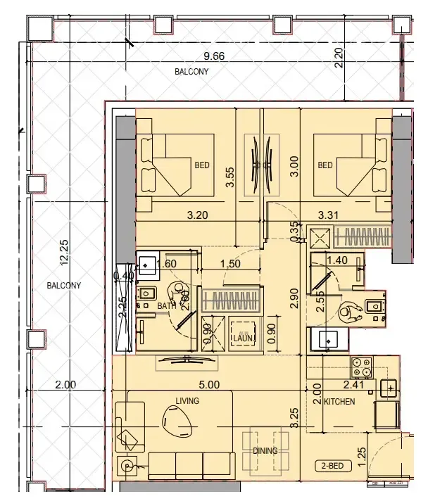 2 bedroom Apartments floor plan at Binghatti Titania