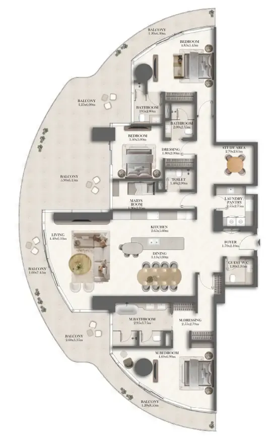 3 bedroom Apartments floor plan at Jumeirah Residences at Al Maryah Island