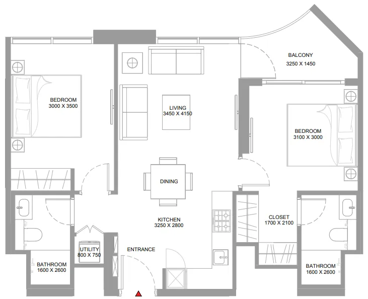 2 bedroom Apartments floor plan at Pristine Beach Residences