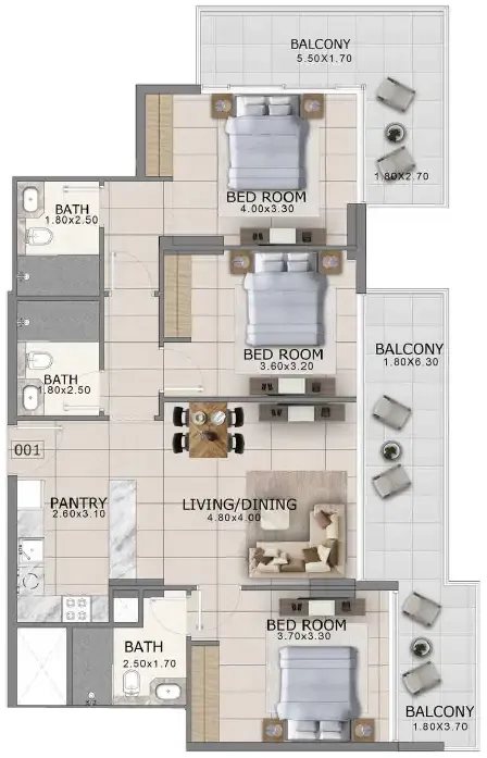 3 bedroom Apartments floor plan at Arlington Park 2
