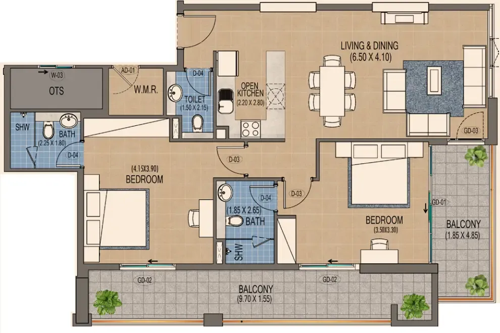 2 bedroom Apartments floor plan at Triana Residences