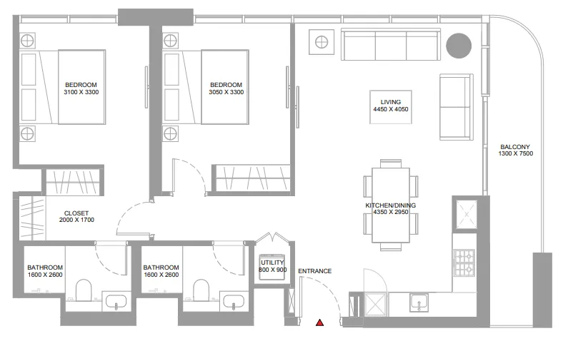 2 bedroom Apartments floor plan at Pristine Beach Residences