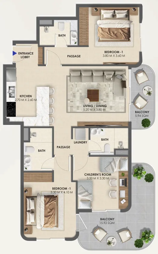 3 bedroom Apartments floor plan at Vivida Residences