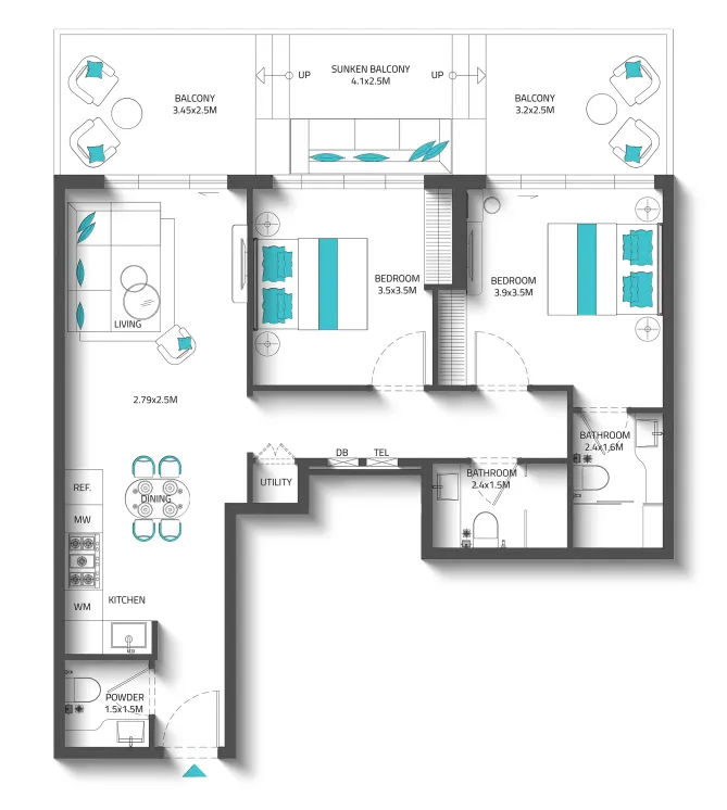 2 bedroom Apartments floor plan at Reef 996