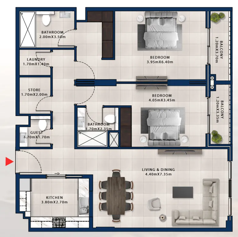 2 bedroom Apartments floor plan at Asayel Avenue