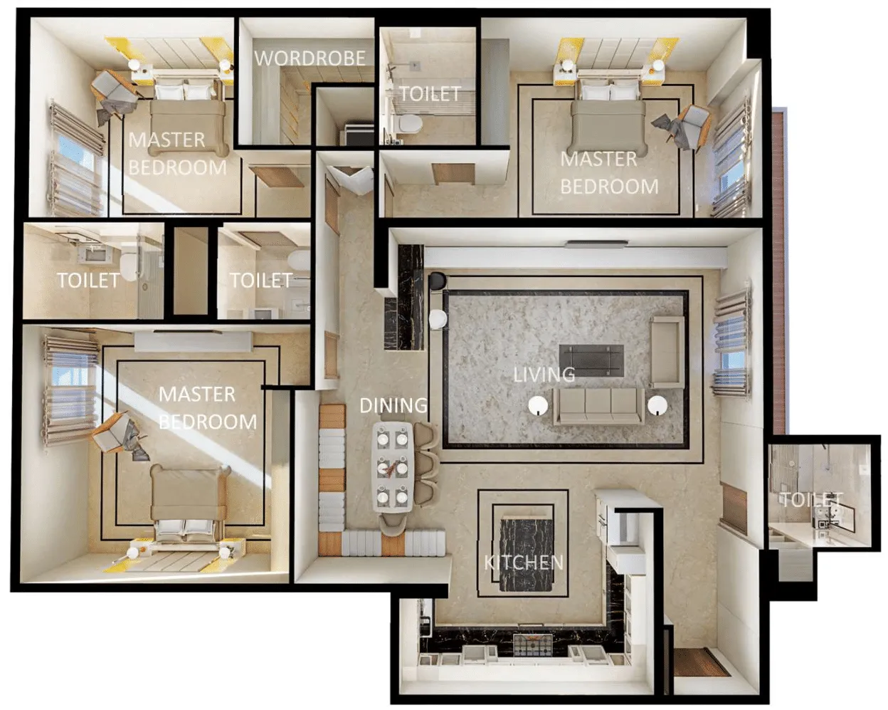 3 bedroom Apartments floor plan at Zenith J1
