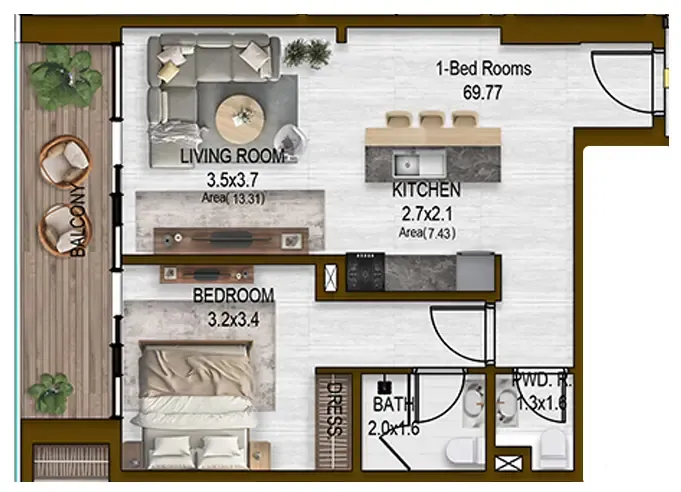 1 bedroom Apartments floor plan at Noore