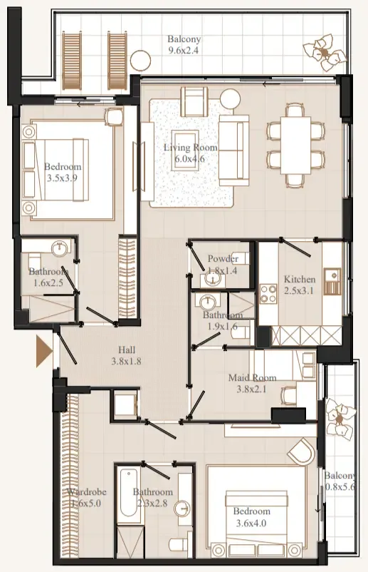 2.5 bedroom Apartments floor plan at Flamingo LUX