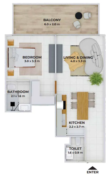 1 bedroom Apartments floor plan at Treppan Tower