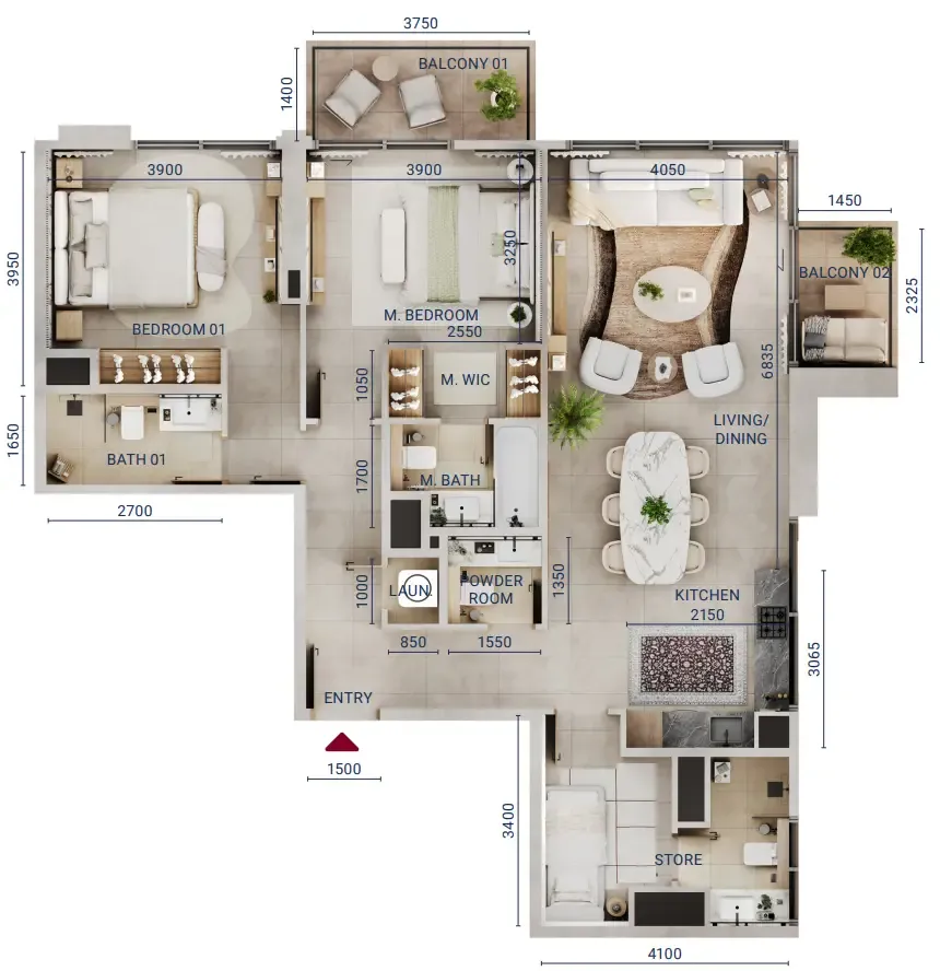 2 bedroom Apartments floor plan at Mirdad
