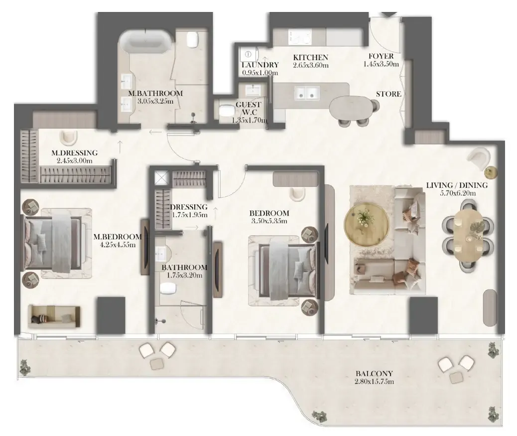 2 bedroom Apartments floor plan at Jumeirah Residences at Al Maryah Island