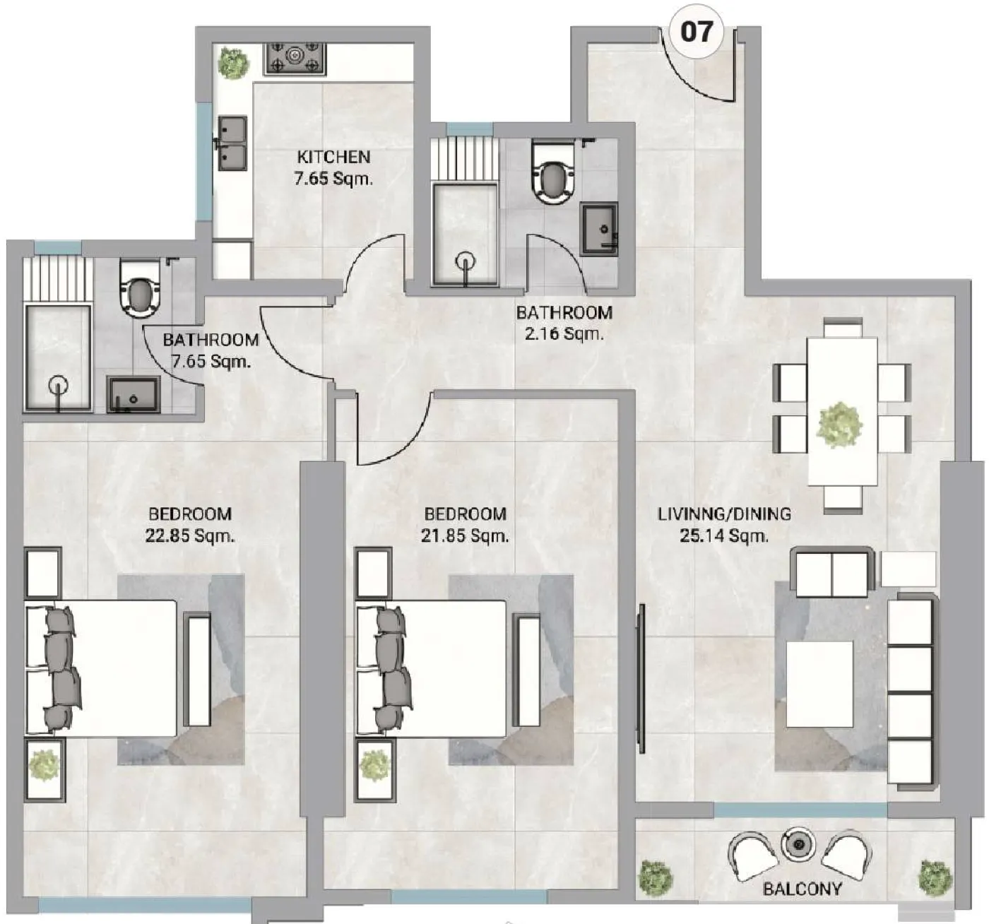 2 bedroom Apartments floor plan at Barajeel Towers