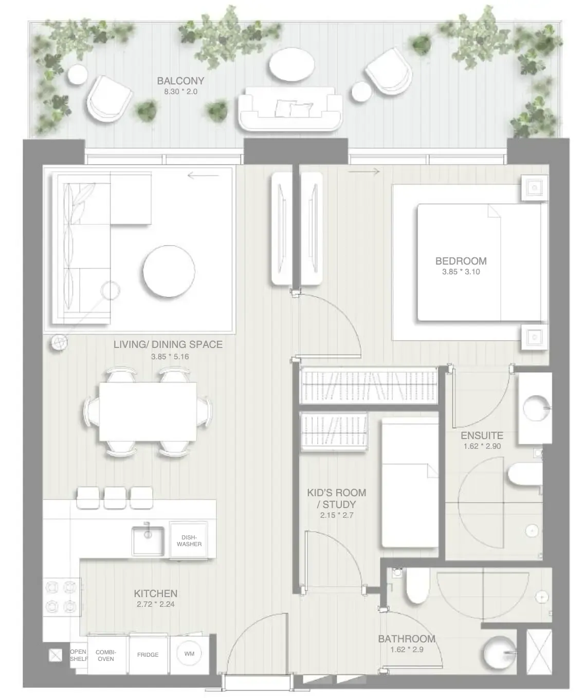 1.5 bedroom Apartments floor plan at Sol Levante