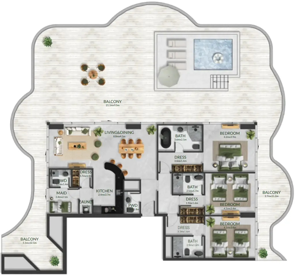 3 bedroom Apartments floor plan at Aqua Maya