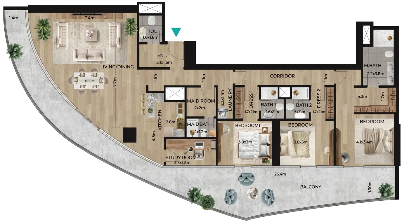 3 bedroom apartments floor plan at Waterfront by Missoni