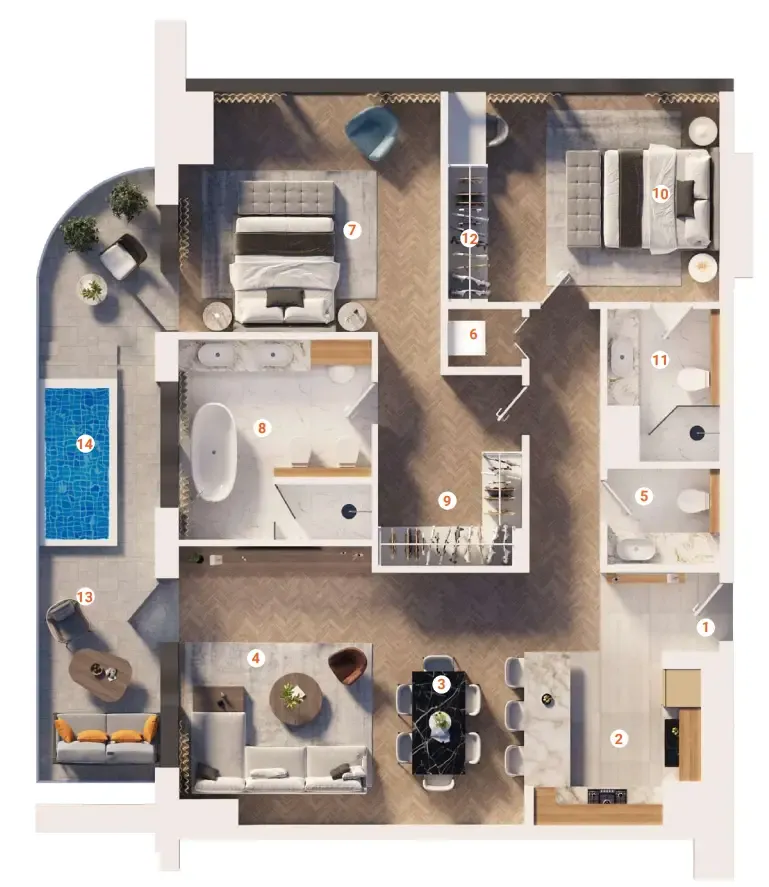2 bedroom apartments floor plan at The Orchard Place Towers D & E