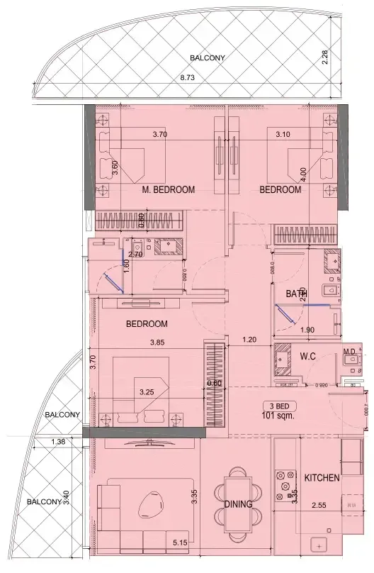 3 bedroom Apartments floor plan at Project Maybach