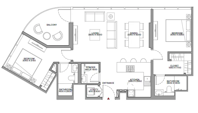 2 bedroom Apartments floor plan at Beach Residences at Siniya Island