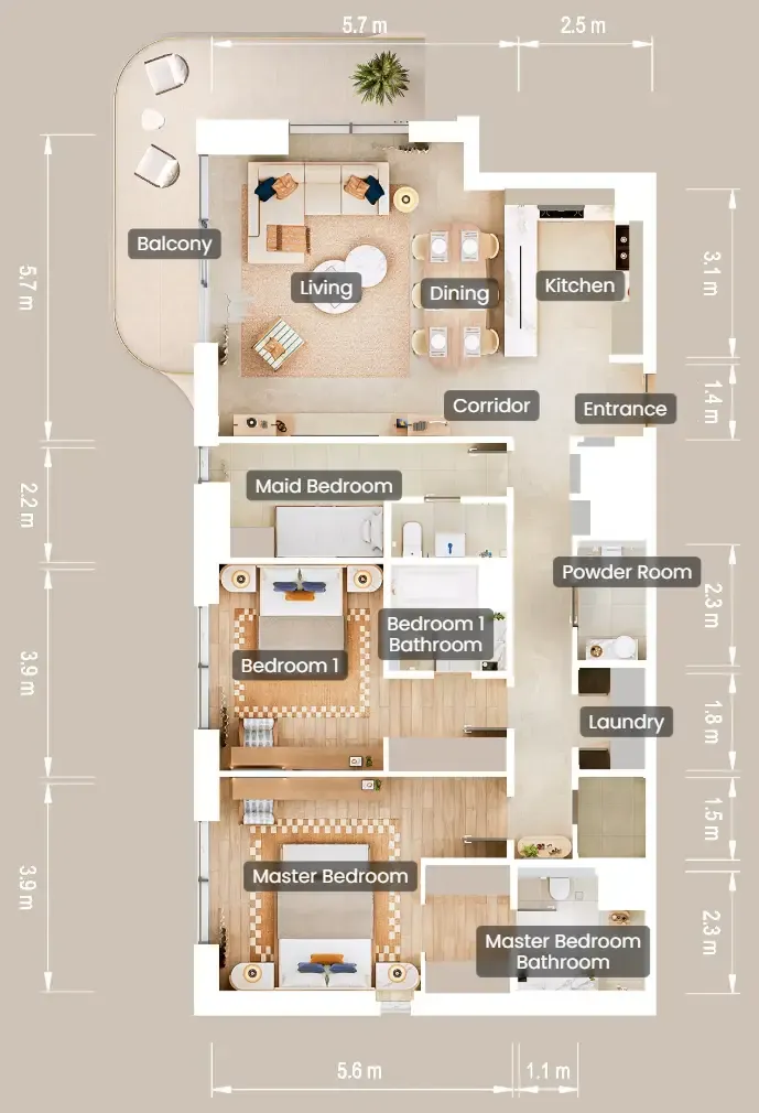 2.5 bedroom Apartments floor plan at The Beach House Fahid